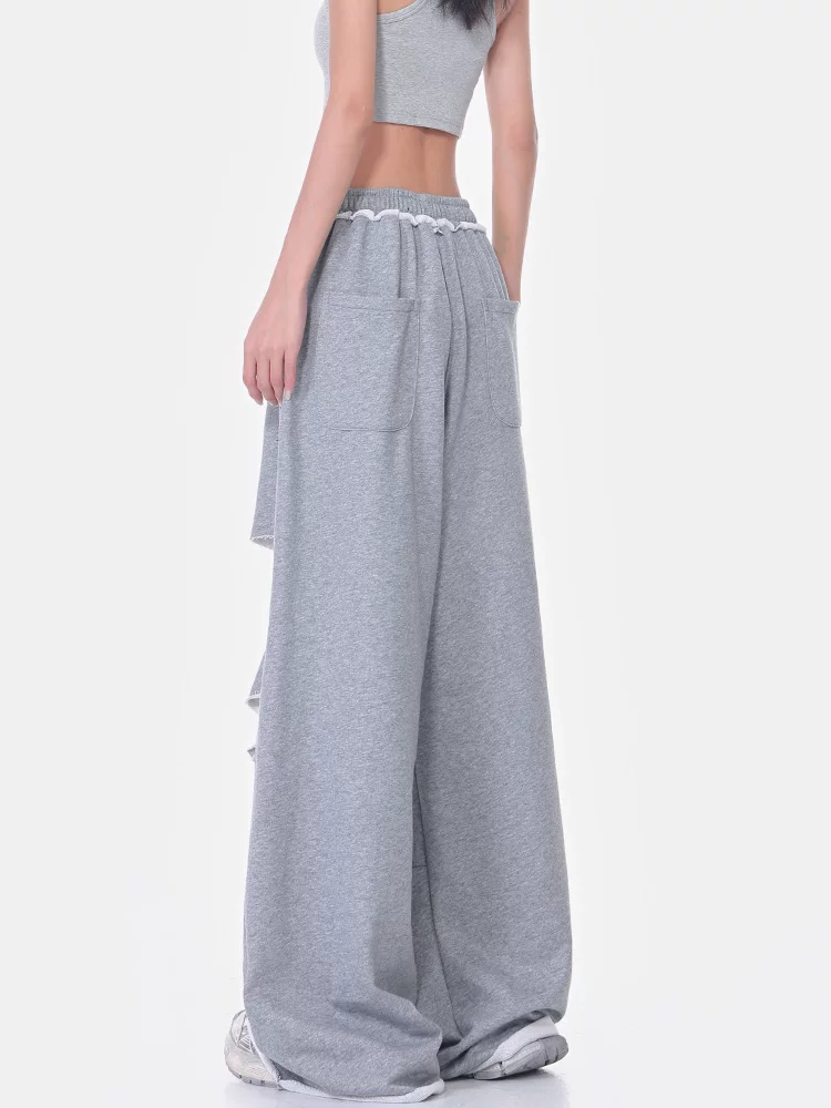 KEN STUDIO mùa hè phong cách mới quần thể thao xẻ tà màu xám quần thể thao dáng rộng lưng cao quần ống rộng cho nữ