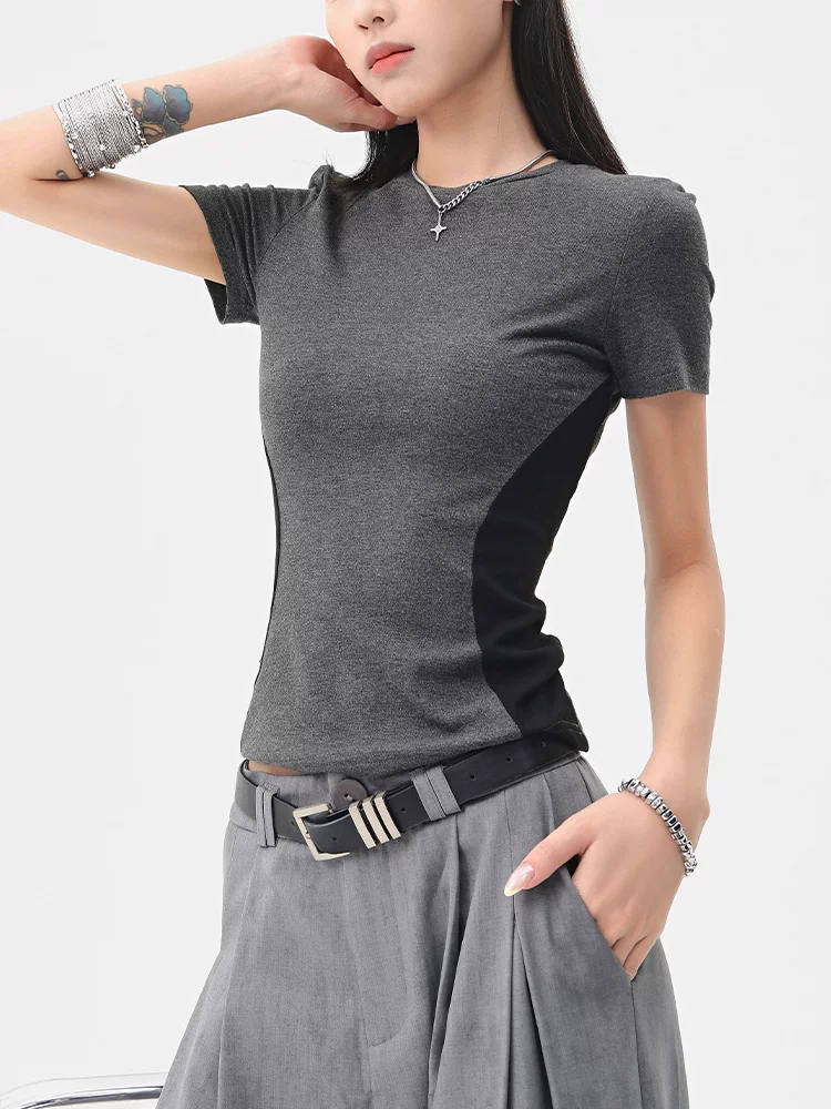 Áo thun ngắn tay cổ tròn màu tương phản cổ điển của KEN STUDIO dành cho nữ mùa hè mới áo thon gọn eo thon gọn