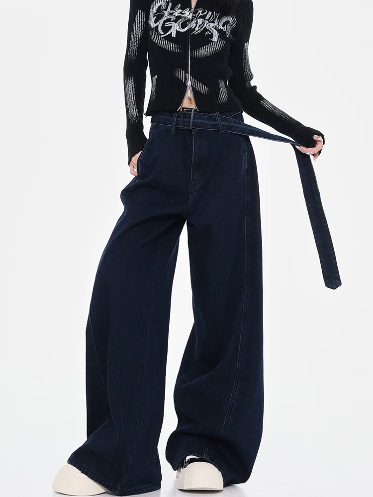 KEN STUDIO Quần jean ống rộng lưng cao mới mùa xuân thu dành cho nữ, thiết kế màu xanh cổ điển có thắt lưng và quần dài đến sàn