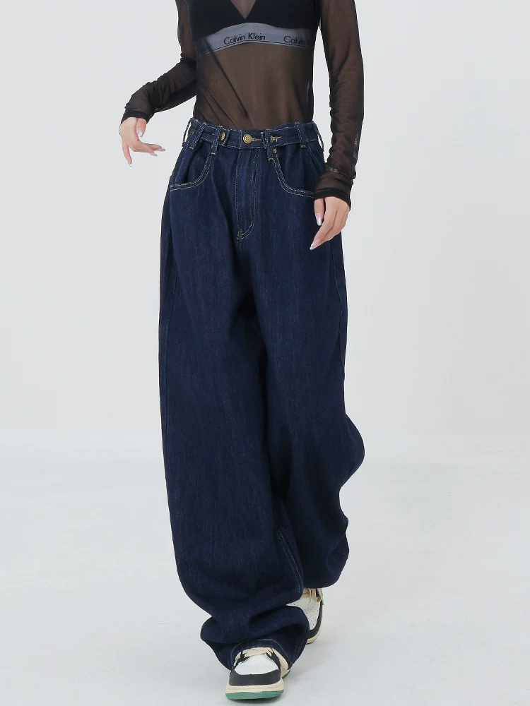 Quần jean ống đứng màu xanh đậm mùa xuân thu của KEN STUDIO dành cho phụ nữ cao, quần dài, quần cạp thấp và quần cạp cao.