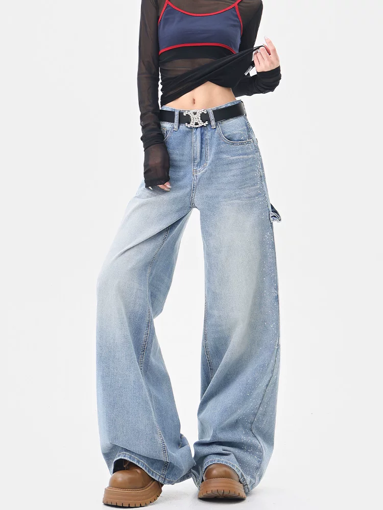 Quần jean màu xanh nhạt kiểu cổ điển của KEN STUDIO dành cho nữ, thiết kế mùa hè mới, quần ống rộng dáng rộng