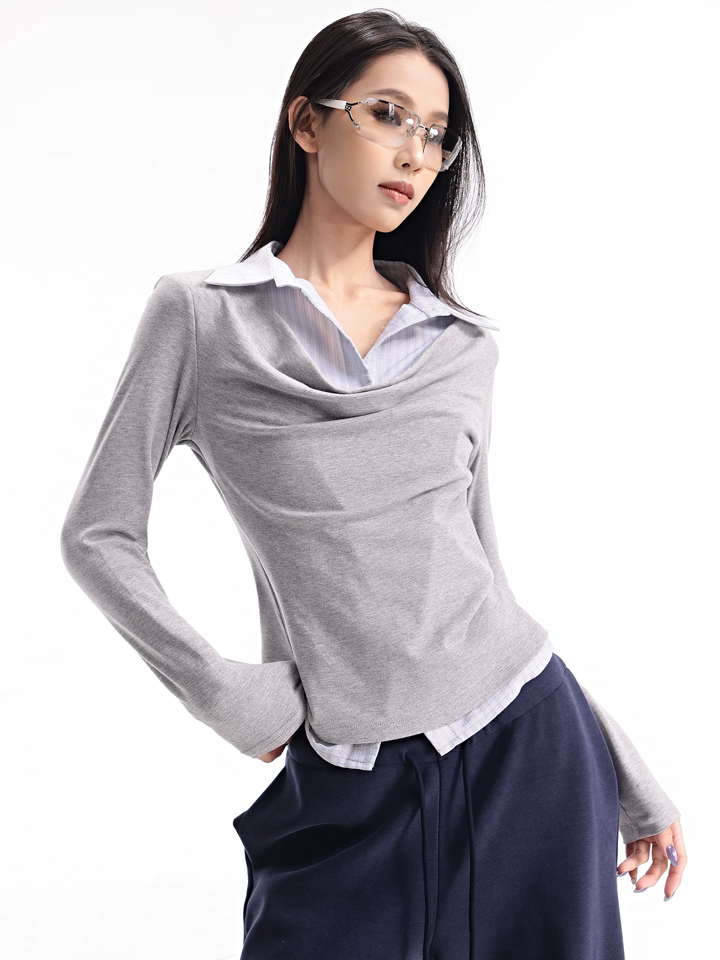 KEN STDUIO Áo sơ mi dài tay giả hai mảnh cổ tròn mùa thu Áo thun nữ nhiều lớp phong cách Hàn Quốc Giảm béo đa năng hàng đầu