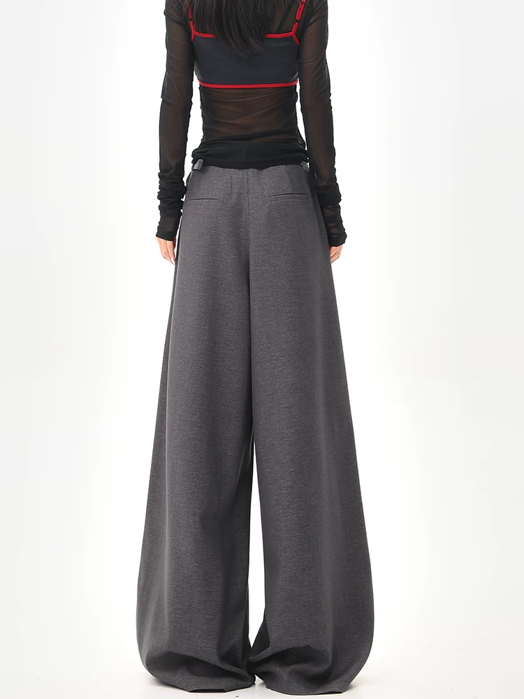 KEN STUDIO Quần tây ống rộng màu xám mùa hè mới dành cho nữ, lưng cao, dáng suôn, rộng rãi, tôn dáng, quần dài chấm đất