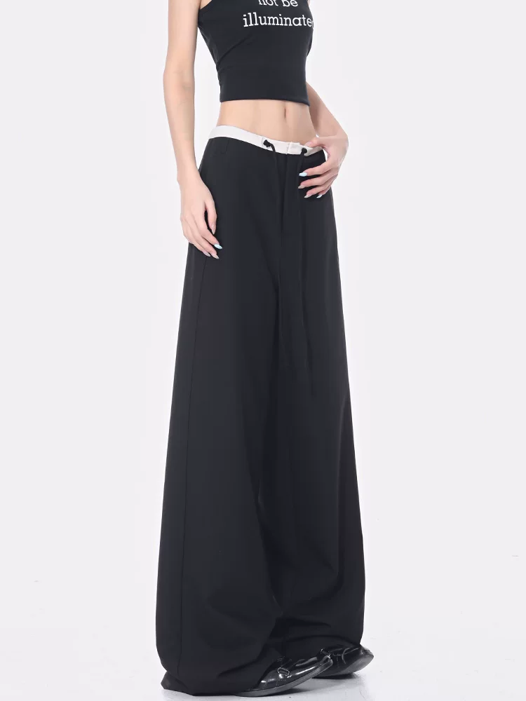 KEN STUDIO Quần tây ống đứng có dây rút màu đen mùa hè mới dành cho nữ với thiết kế phối màu, quần ống rộng dáng rộng