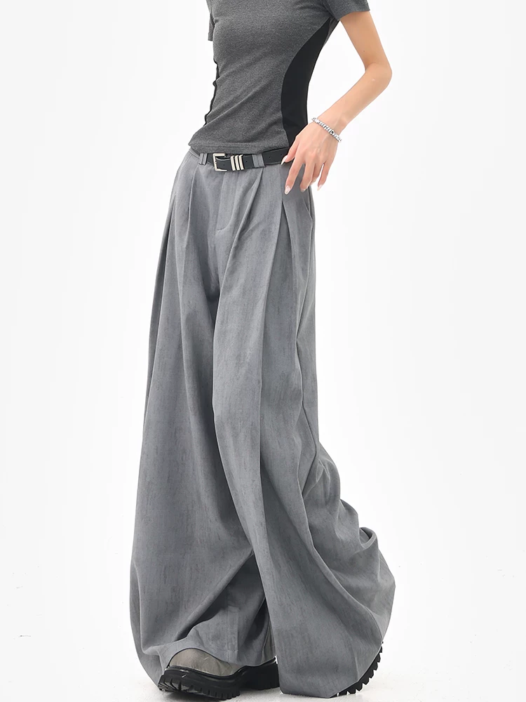 KEN STUDIO mùa hè mới màu xám quần âu ống rộng xếp ly quần âu nữ thẳng dáng rộng quần âu quần âu thường ngày