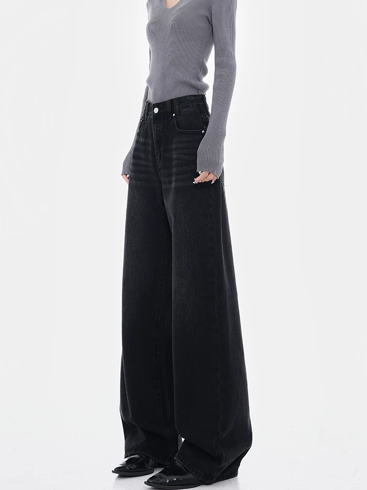 KEN STUDIO2025 Xuân Thu Mới Quần Jean Thẳng Màu Đen Giặt Mềm Nữ Quần Ống Rộng Đa Năng Thường Ngày