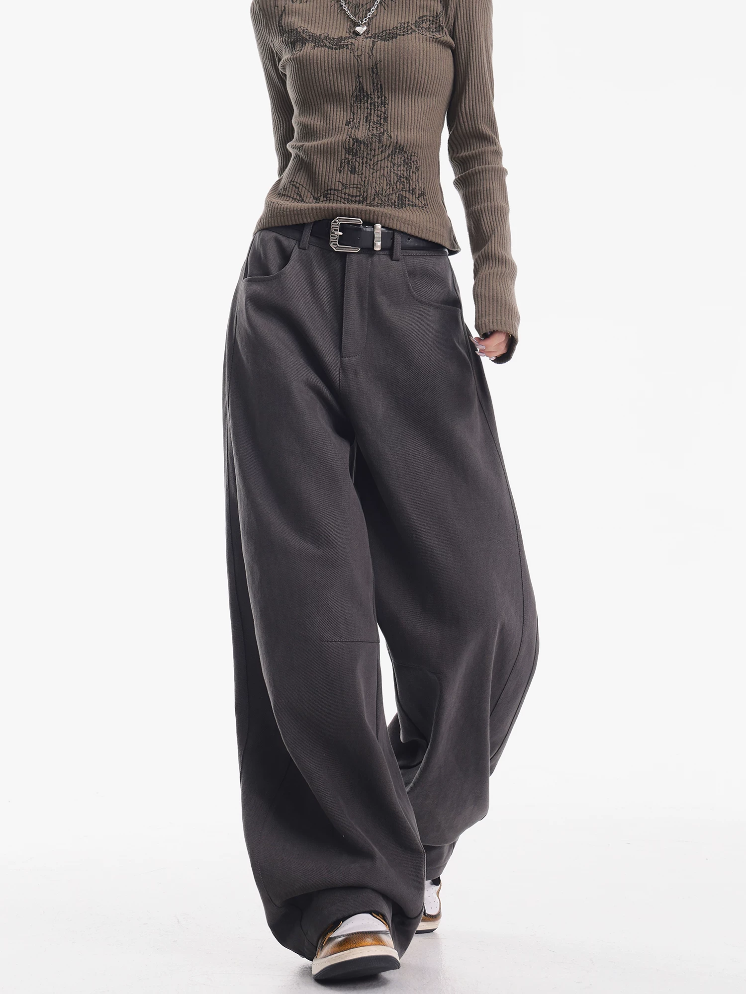 KEN STUDIO Quần ống rộng dày dặn lót lông cừu màu xám thu đông mới dành cho nữ, quần dài đa năng cạp cao