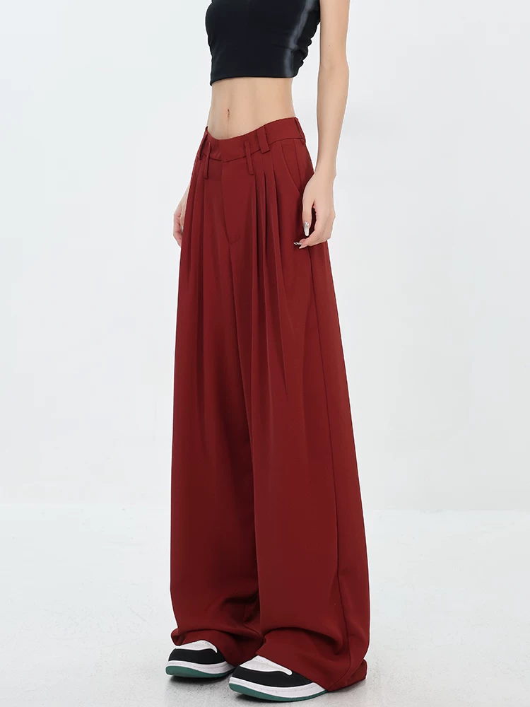 KEN STUDIO Xuân Thu Phong cách mới Quần tây ống rộng màu đỏ mỏng xếp nếp dành cho nữ, Quần dài dáng rộng dáng rộng, quần dài thông thường