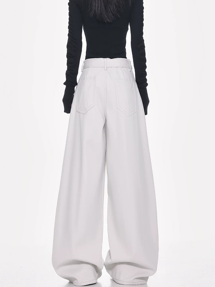 Quần jeans ống đứng thiết kế thắt lưng trắng kiểu mới Xuân Thu của KEN STUDIO dành cho nữ, cạp cao, dáng rộng, tôn dáng