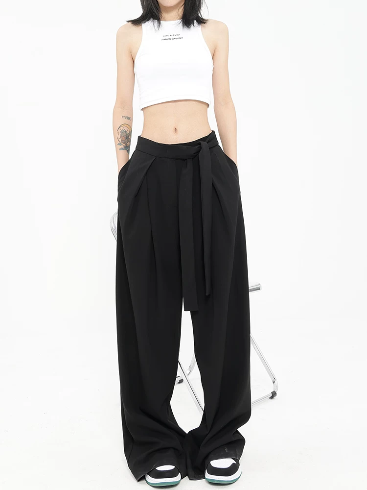 KEN STUDIO Quần âu ống đứng màu đen mới mùa xuân thu dành cho nữ, dáng rộng và bay bổng, quần ống rộng đa năng.