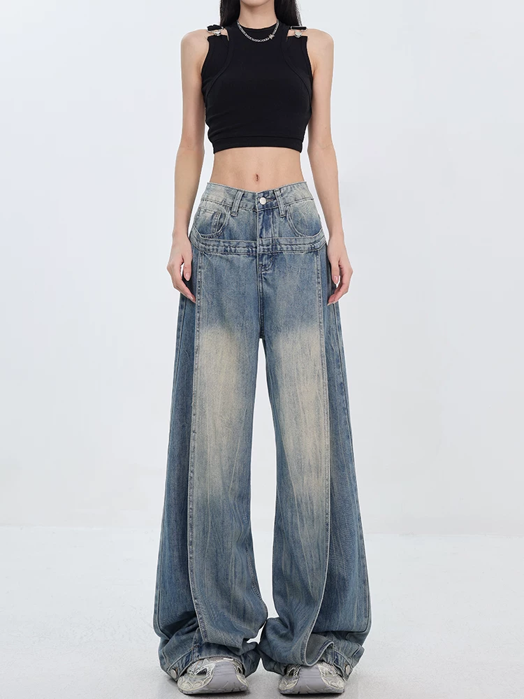 KEN STUDIO Xuân Thu Mới Vintage Niche Deconstructed Thiết kế đã qua xử lý Giặt quần jean Giảm béo Quần ống rộng