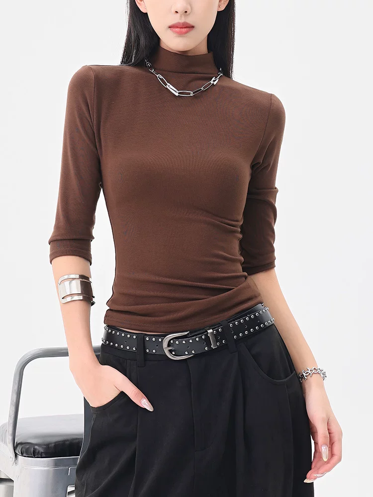 KEN STUDIO Áo thun dệt kim nửa tay cổ cao Melard dành cho nữ, áo trong mỏng vừa vặn mới đầu mùa thu