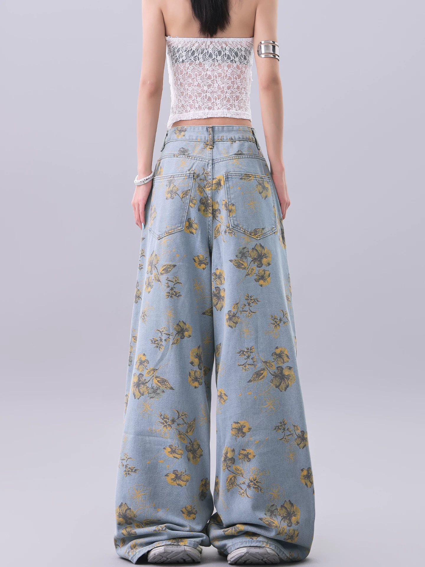 Quần jean ống rộng thiết kế in họa tiết cổ điển của KEN STUDIO dành cho nữ, phong cách mùa hè mới, quần dài dáng rộng và xếp nếp