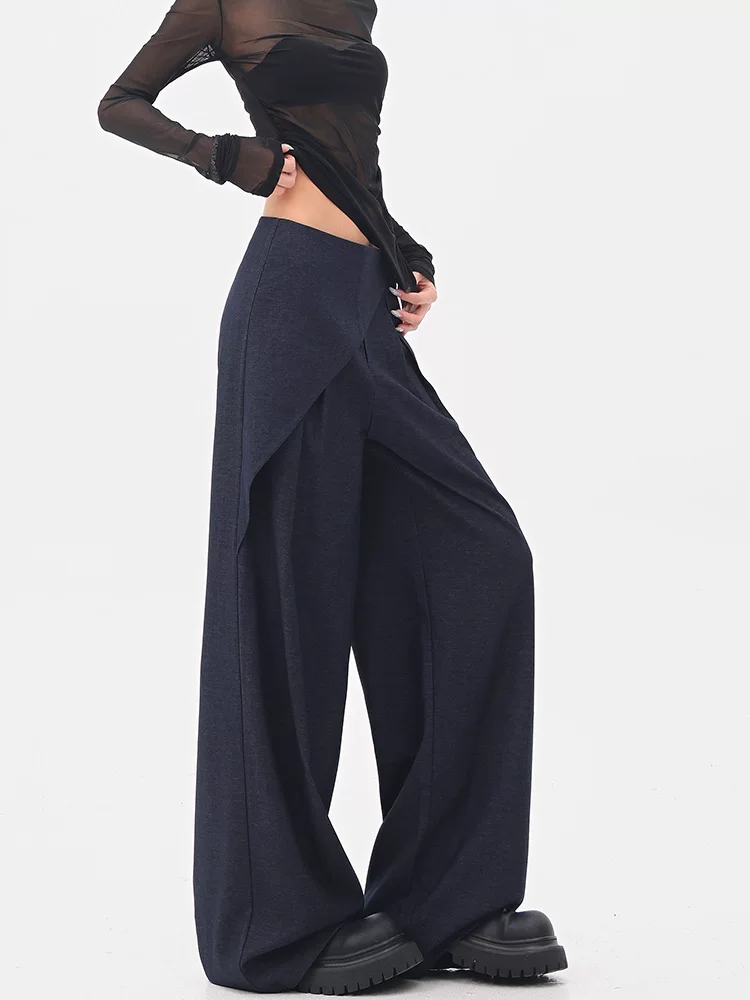 KEN STUDIO quần tây denim màu xanh mới mùa hè dành cho nữ, quần ống rộng giả hai mảnh xếp ly lưng cao.