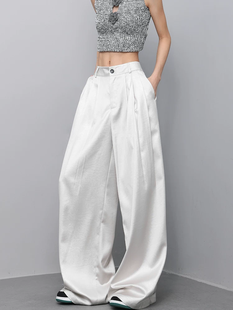 KEN STUDIO mùa hè mới mỏng màu mơ màng có kết cấu như lụa băng quần dài nữ tính thường ngày quần ống rộng dáng rộng