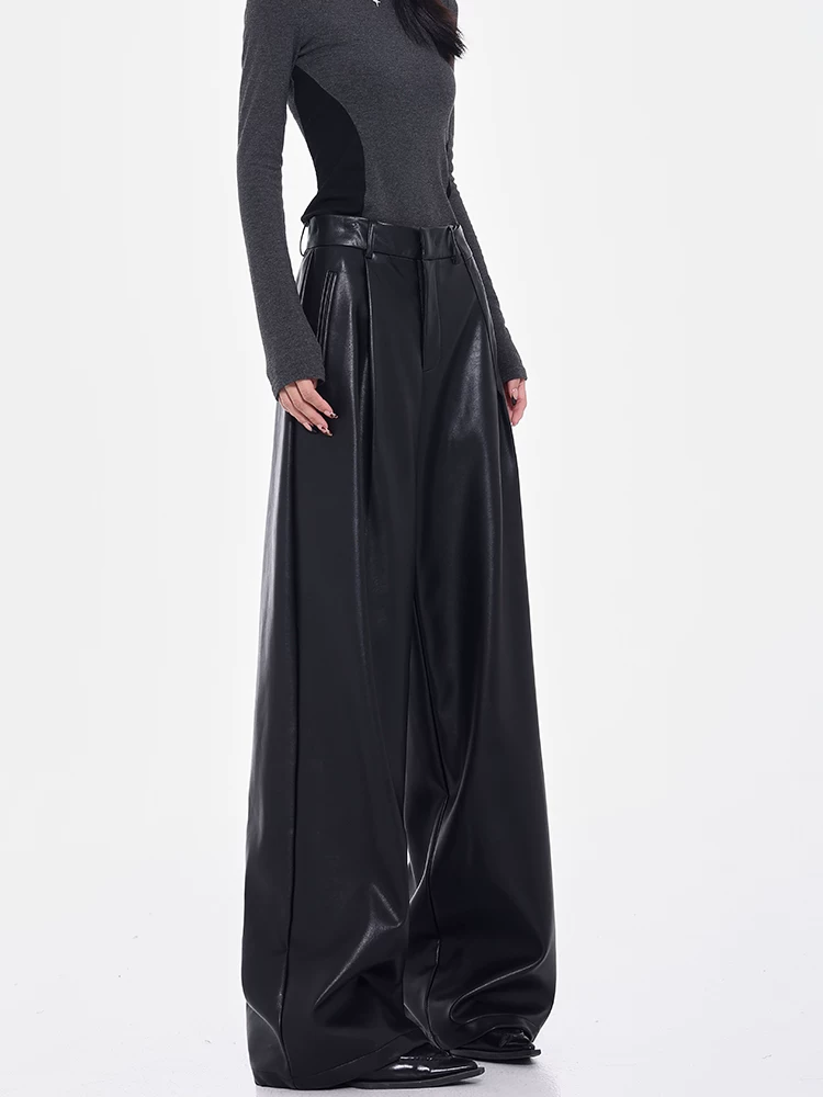 KEN STUDIO mùa thu đông dày dặn kiểu cổ điển màu đen phù hợp với quần da PU nữ lưng cao dáng rộng quần ống rộng