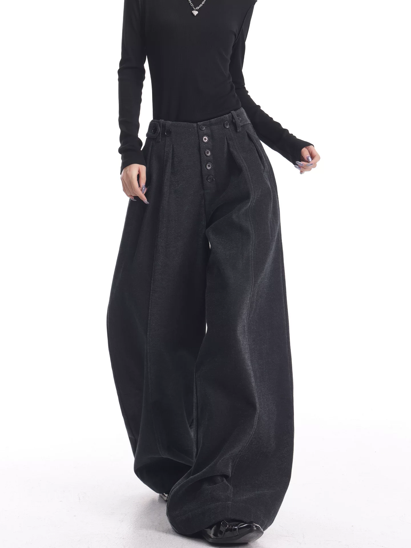 KEN STUDIO Quần thường ngày dày dặn có lót lông cừu màu xám hoa mùa thu đông mới dành cho nữ với thiết kế nhiều khuy quần ống rộng