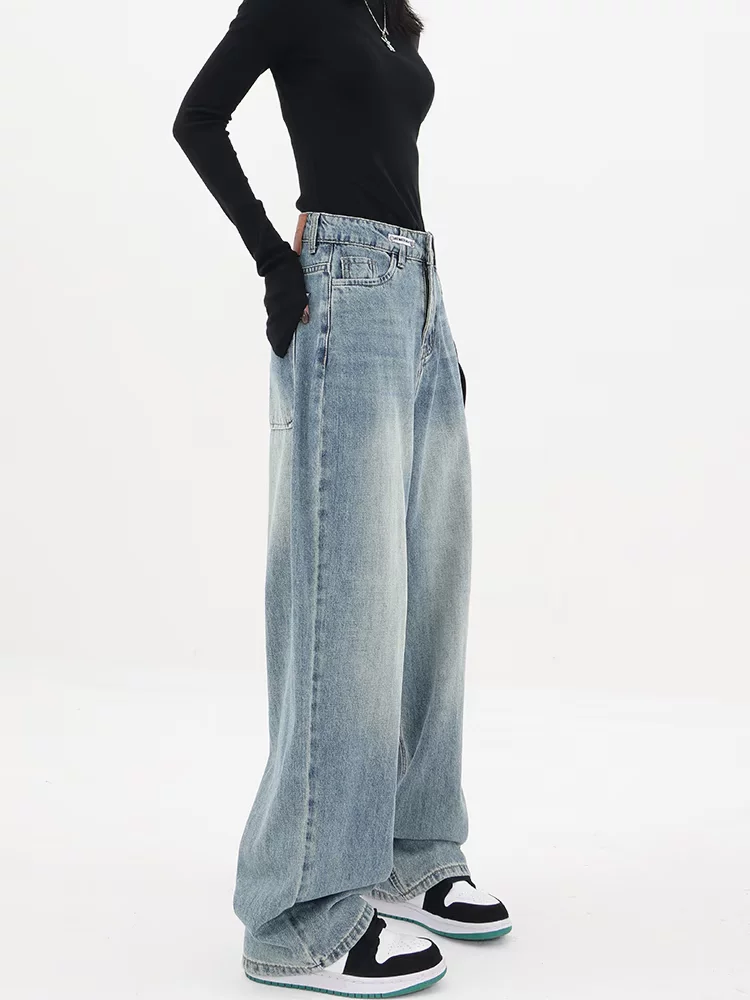 Quần jean ống rộng KEN STUDIO dành cho nữ, mùa xuân thu, quần ống rộng lưng cao, đa năng, tôn dáng, quần dài thường ngày.