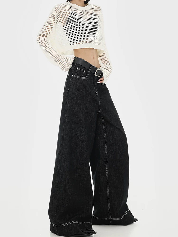 KEN STUDIO Xuân Thu Mới Phong Cách Retro Mỹ Thiết Kế Đường May Đen Quần Jean Ống Thẳng Quần Ống Rộng Cao Cho Nữ