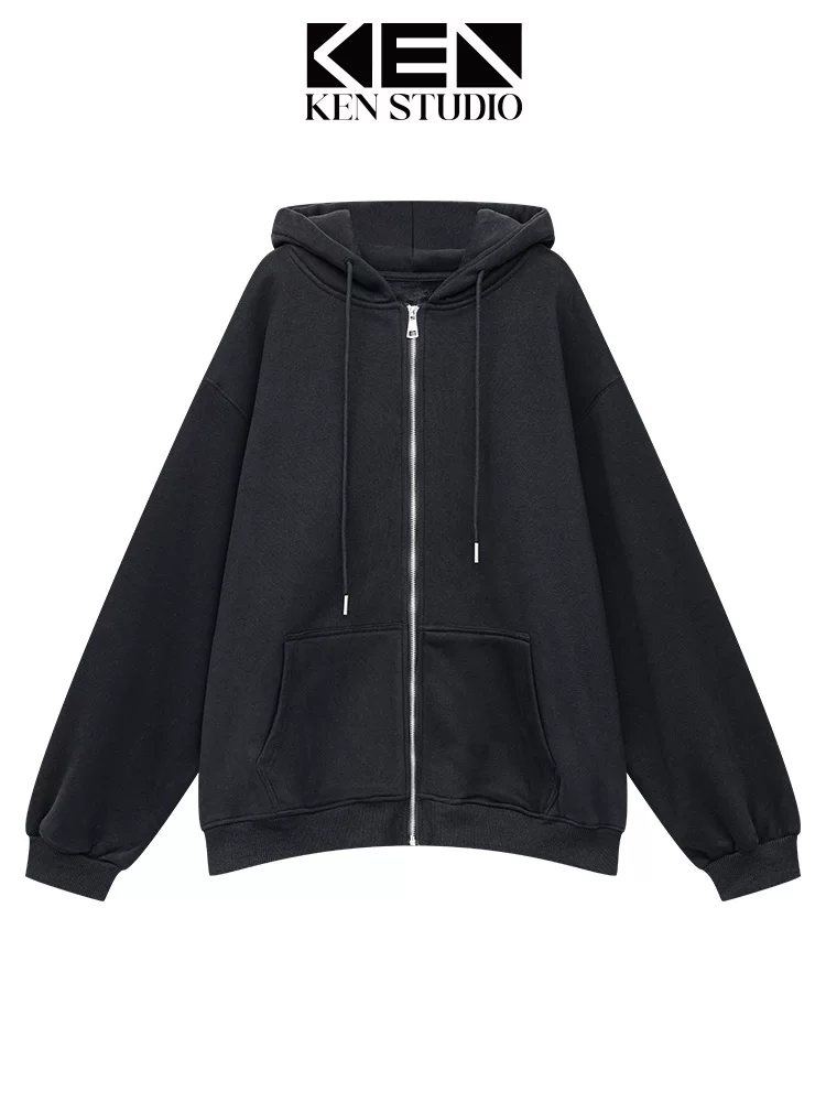 KEN STUDIO Áo len cardigan có mũ trùm đầu màu đen lót nhung mới mùa thu đông dành cho nữ, áo khoác dáng rộng giản dị giúp giảm béo