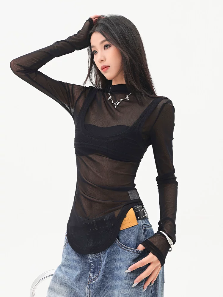 Áo thun dài tay giả hai mảnh phối lưới màu đen của KEN STUDIO dành cho nữ, áo dáng ôm vừa vặn mùa hè mới