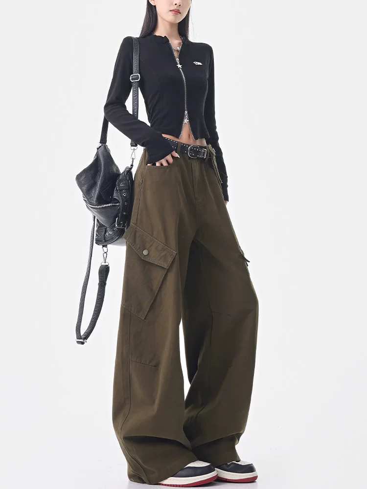 KEN STUDIO Thu Đông Mới Mỹ Retro Xanh Quân Đội Quần Ống Rộng Hàng Hóa Nữ Lỏng Lẻo Giảm Béo Scimitar Quần Âu