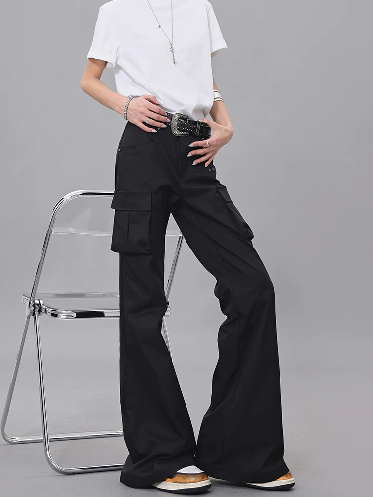 KEN STUDIO Xuân Thu Mới Quần Cargo ống loe màu đen dành cho nữ Quần dài ôm sát eo cao