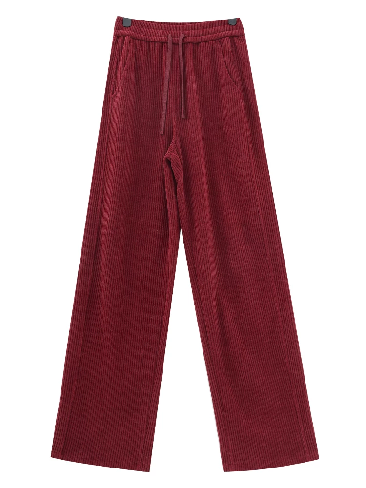 Quần dài ống rộng bằng vải nhung KEN STUDIO dành cho nữ, quần thể thao dáng rộng có dây rút dáng rộng mùa thu đông.