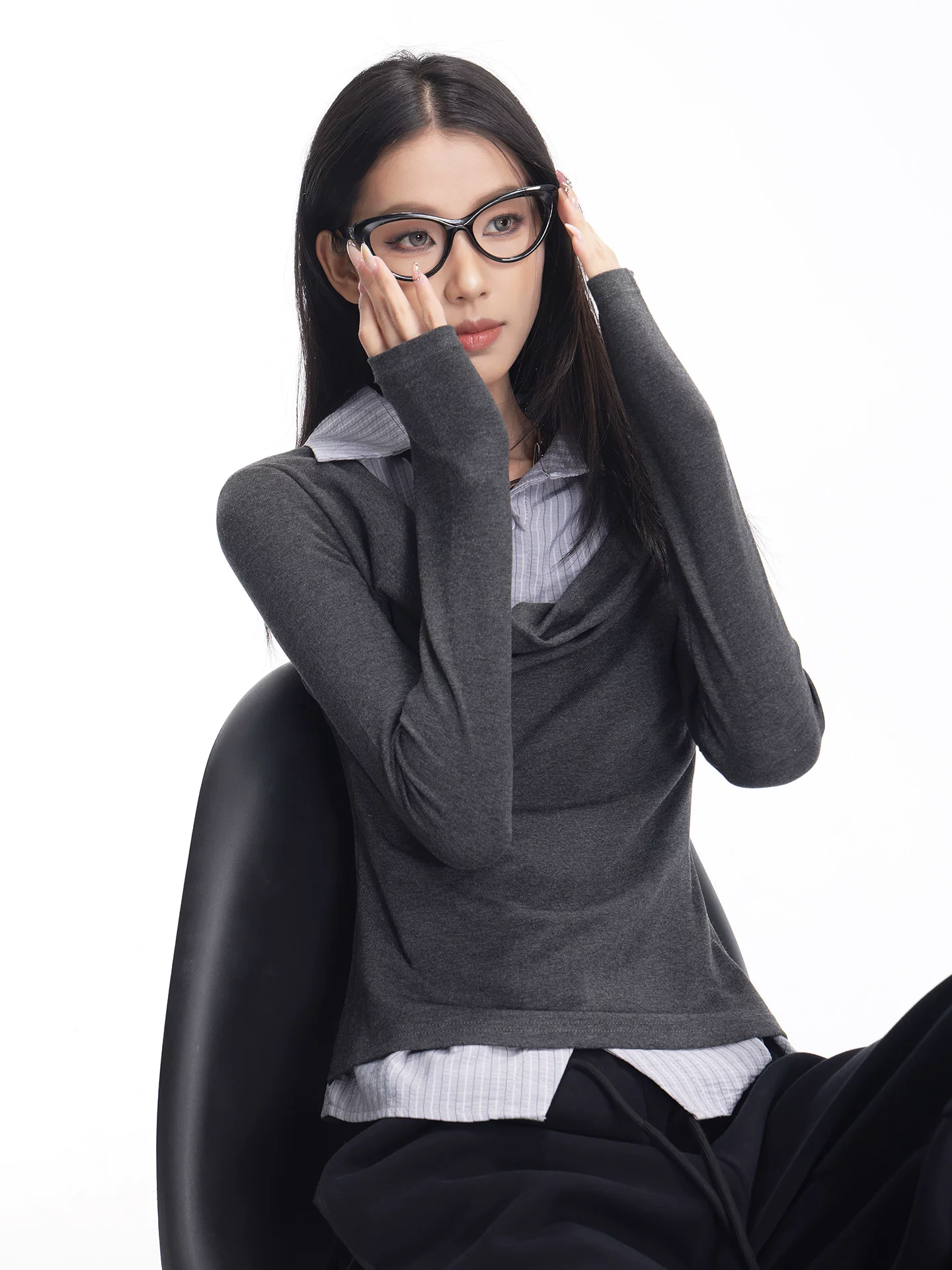 KEN STDUIO Thu Đông Mới Phong Cách Hàn Quốc Giả Hai Mảnh Áo Sơ Mi Áo Thun Nữ Lớp Trang Phục Giảm Béo Cổ Áo Xoay Top