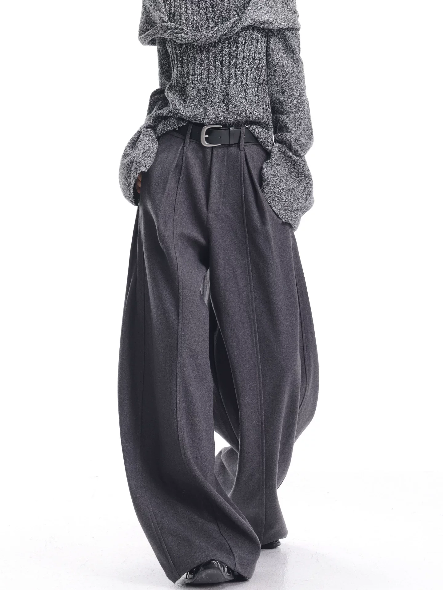 KEN STUDIO Quần vest dày màu xám nhạt mới dành cho nữ mùa thu đông, chất liệu len, dáng rộng, tôn dáng, ống rộng, quần dài đến sàn.