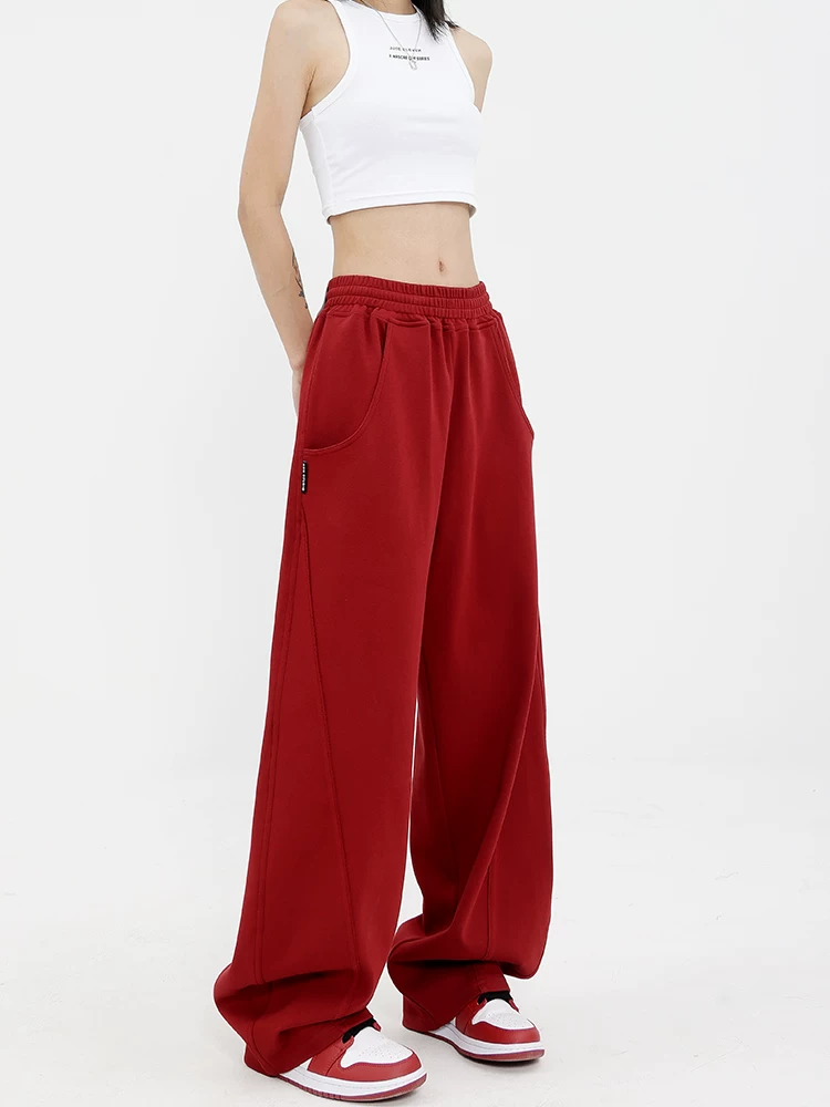KEN STUDIO2025 Xuân Thu Quần Thể Thao Màu Đỏ Nữ Cao Cấp Quần Dáng Chuối Quần Ống Rộng Quần Âu Quần Thể Thao Quần Dài
