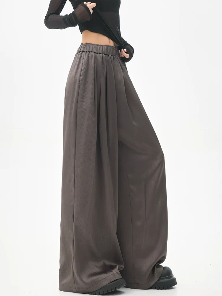 KEN STUDIO quần tây ống rộng xếp ly màu kaki mới mùa hè dành cho nữ, quần cạp cao, dáng rộng, quần rộng và tôn dáng