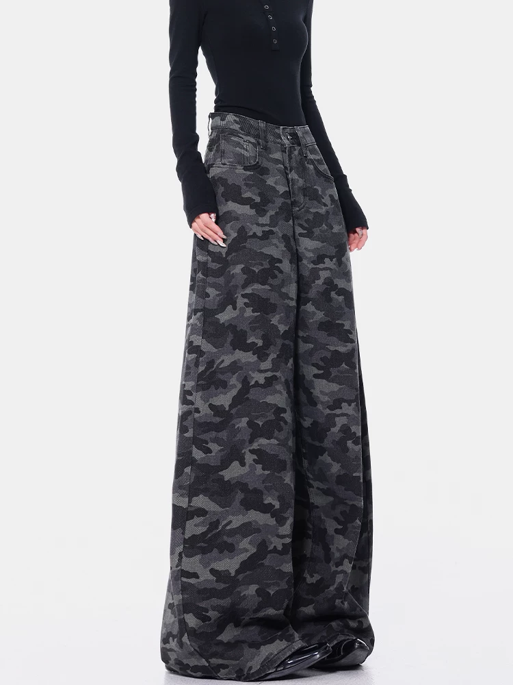 KEN STUDIO quần jean ngụy trang đường phố cao cấp mới của Mỹ dành cho nữ, quần ống thẳng, lưng cao, dáng rộng, dáng suông, quần dài đến sàn