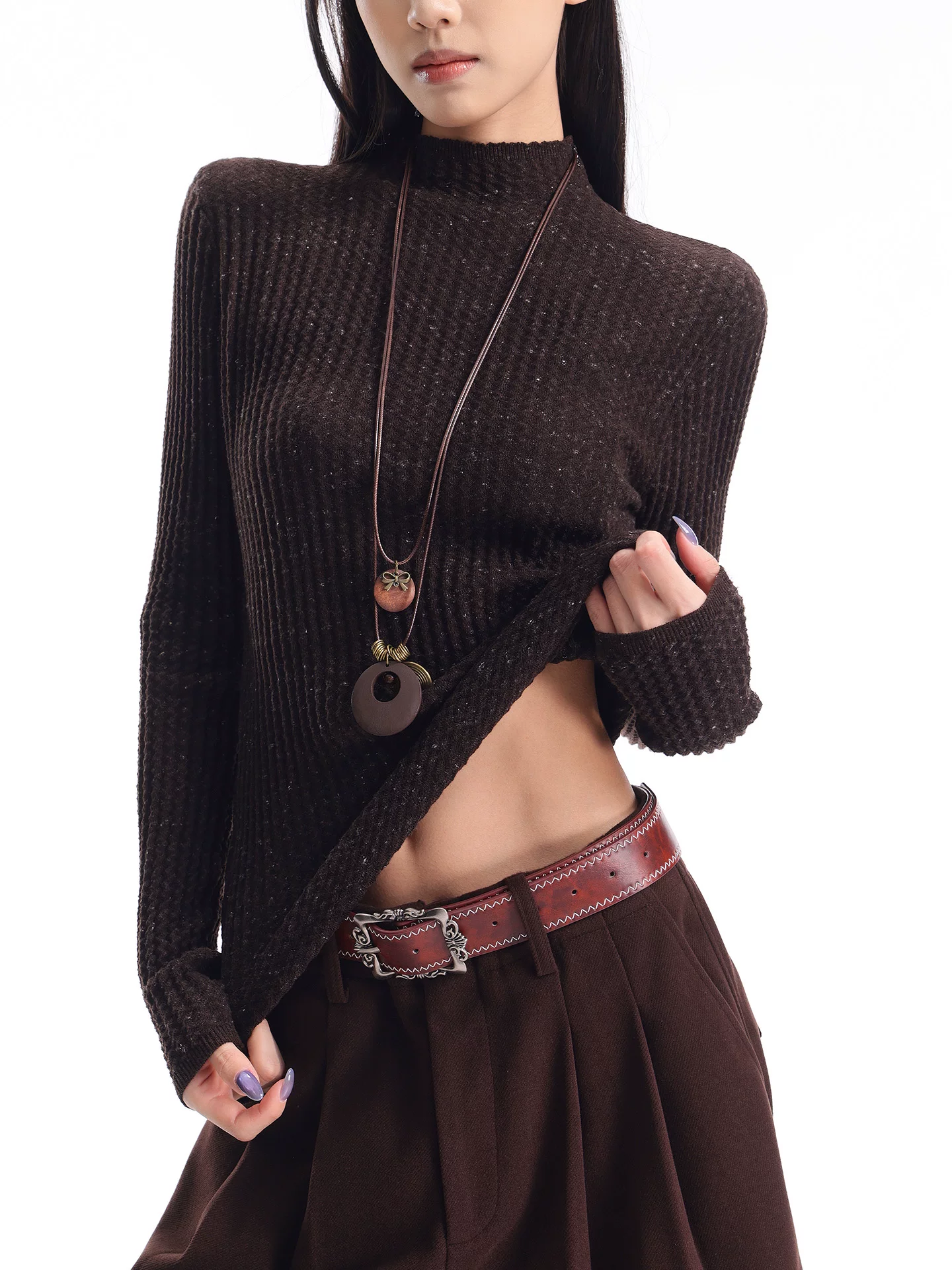 KEN STUDIO Áo len dệt kim dài tay cổ lọ kiểu cổ điển thu đông mới dành cho nữ, dáng ôm, áo nửa cổ lọ