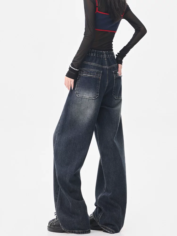 Quần jean ống rộng màu xanh đậm phong cách retro mùa hè và mùa thu của KEN STUDIO dành cho nữ, quần dài dáng rộng và tôn dáng thông thường