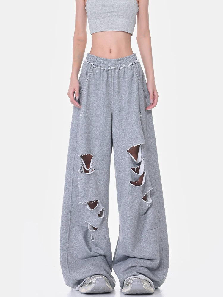 KEN STUDIO mùa hè phong cách mới quần thể thao xẻ tà màu xám quần thể thao dáng rộng lưng cao quần ống rộng cho nữ