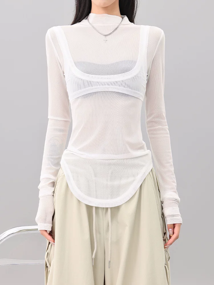 Áo thun dài tay giả hai mảnh phối lưới trắng KEN STUDIO dành cho nữ, áo dáng ôm vừa vặn mùa hè mới