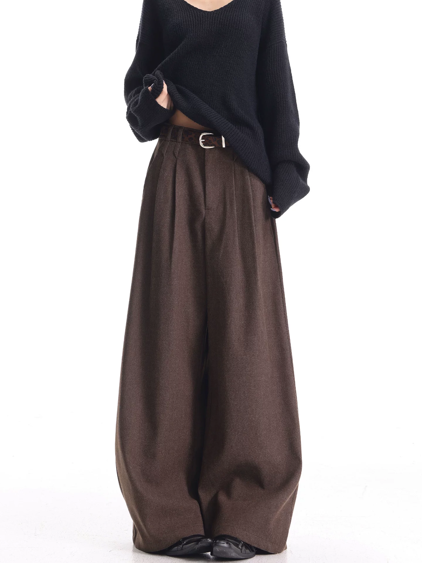 KEN STUDIO mùa thu đông mới phong cách cổ điển quần âu màu cà phê dành cho nữ, quần ống rộng đa năng phong cách retro