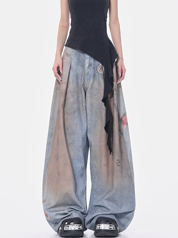 Quần jeans xếp ly nhuộm màu retro kiểu KEN STUDIO, quần ống rộng dáng sickle, quần harem nữ phong cách đường phố