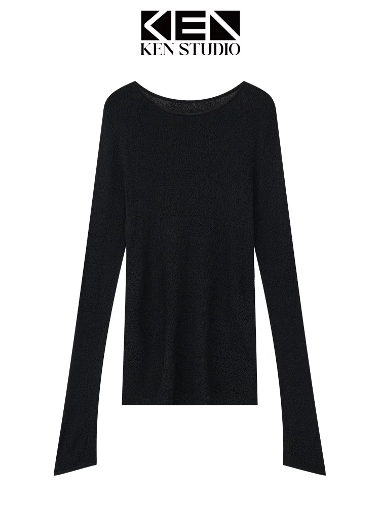 KEN STUDIO Áo thun dài tay cổ tròn màu đen mới mùa xuân thu dành cho nữ, áo dệt kim bên trong vừa vặn