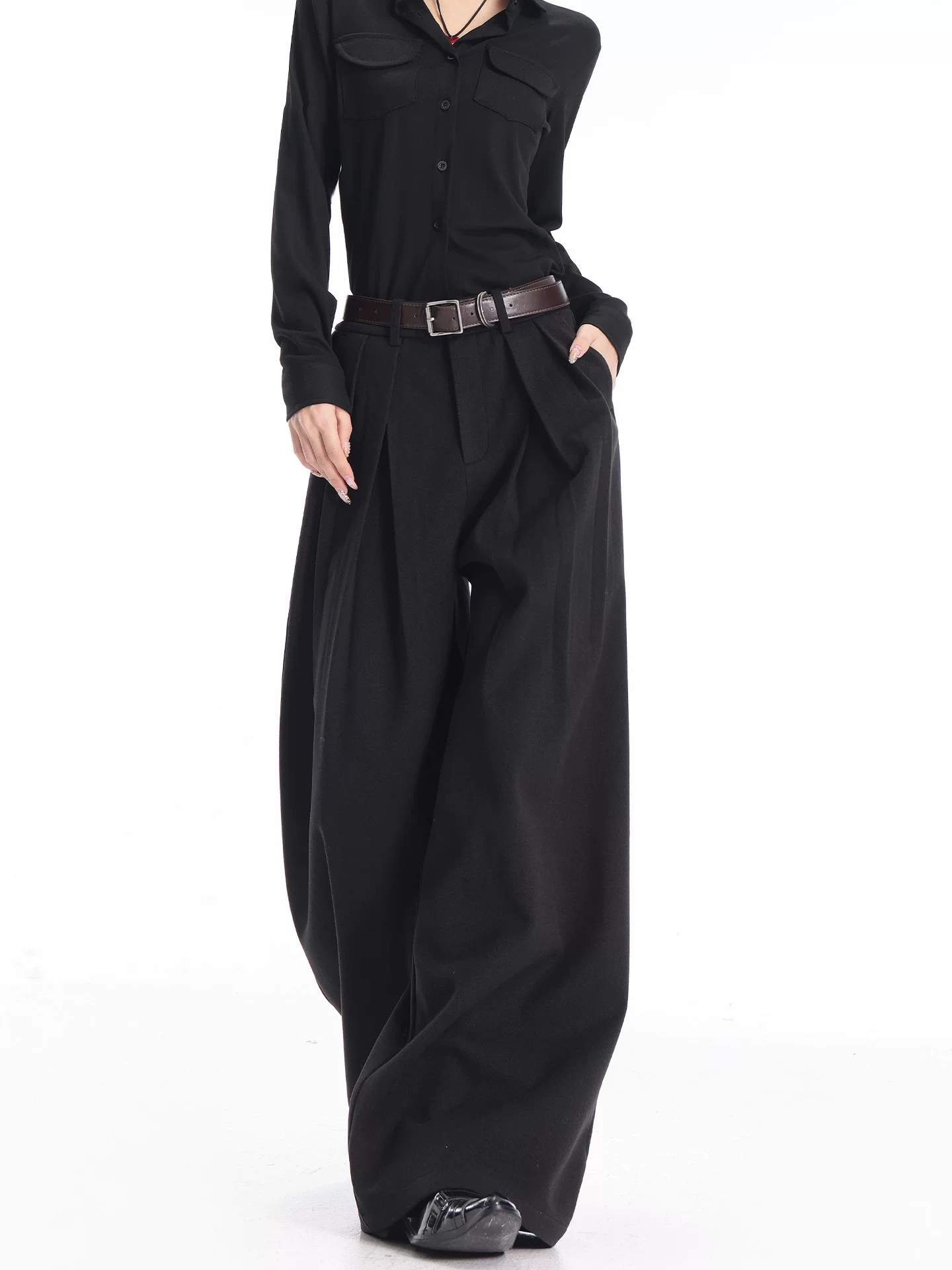 KEN STUDIO Quần tây ống rộng màu đen thu đông mới dành cho nữ, thiết kế cao cấp, dáng suôn, dáng rộng, dáng suôn, quần dài đến sàn