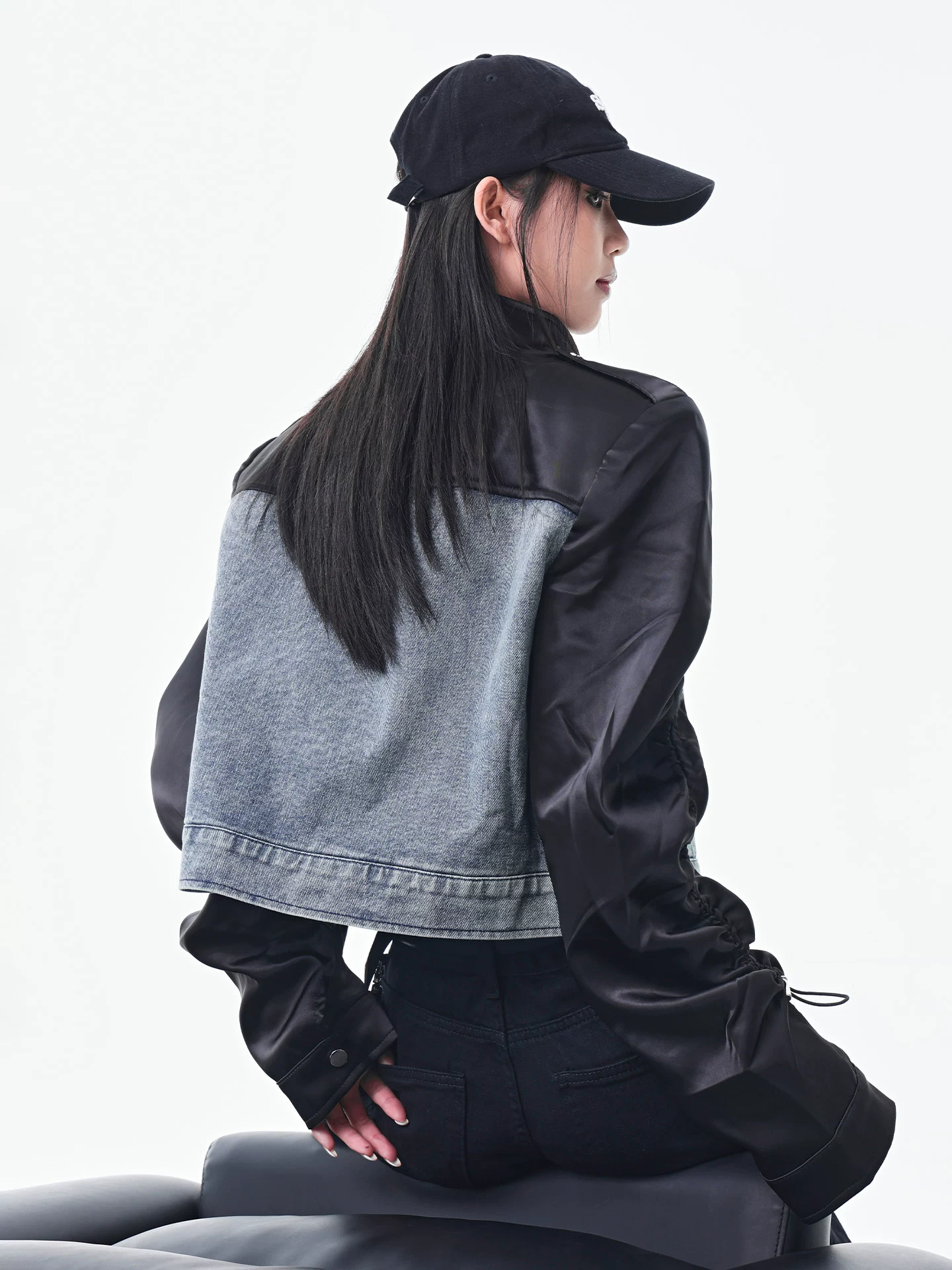 Áo khoác denim chắp vá mùa thu đông mới của KEN STUDIO dành cho nữ, áo khoác ngắn ôm dáng thời trang