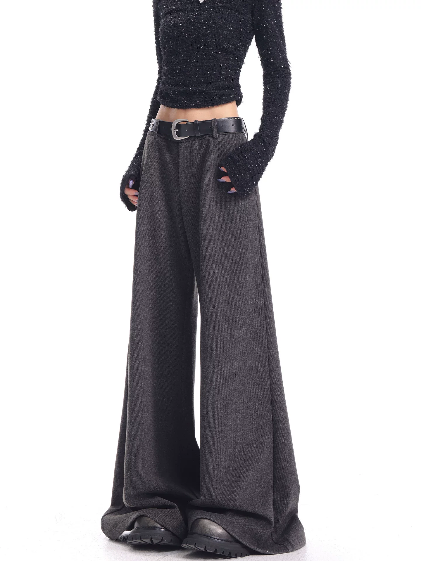 KEN STUDIO Quần âu ống loe màu xám thu đông mới dành cho nữ, chất liệu len dày, quần ống rộng, quần dài đến sàn