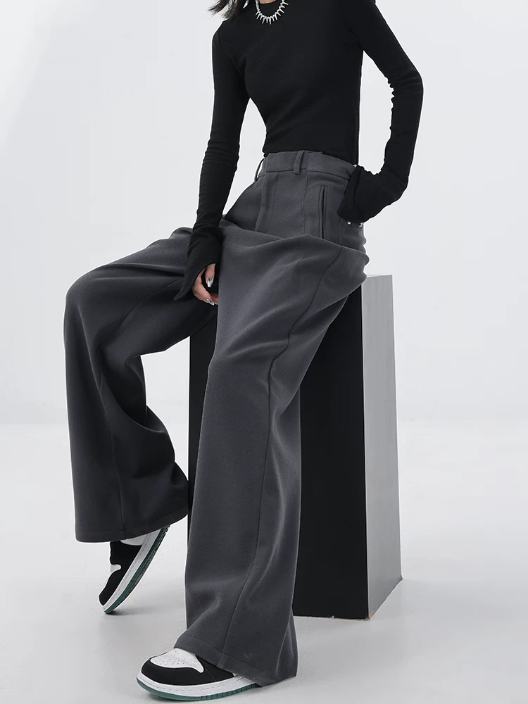 KEN STUDIO thiết kế độc đáo quần tây ống rộng bằng len mùa thu đông dành cho nữ, quần dài màu xám tôn dáng, quần dài thông thường