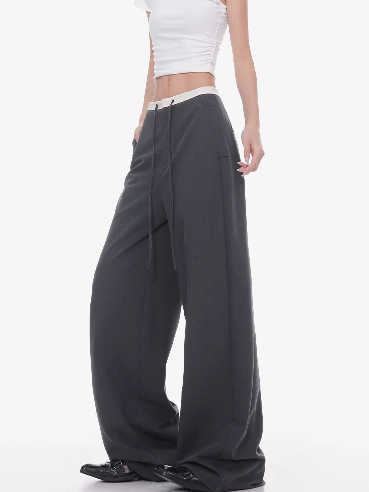 KEN STUDIO phong cách mùa hè mới quần âu ống rộng có dây rút màu xám dành cho nữ với thiết kế phối màu quần ống rộng dáng thẳng