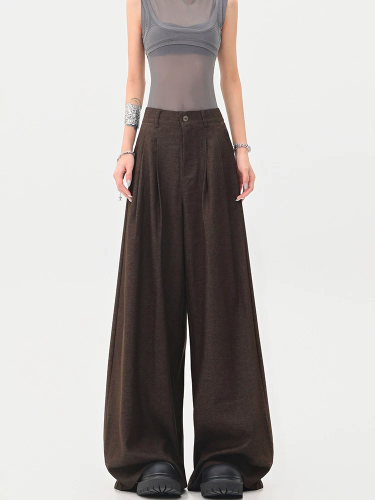 KEN STUDIO Xuân Thu Quần tây màu nâu Melard mới dành cho nữ Quần tây ống rộng có eo bán co giãn dài đến sàn