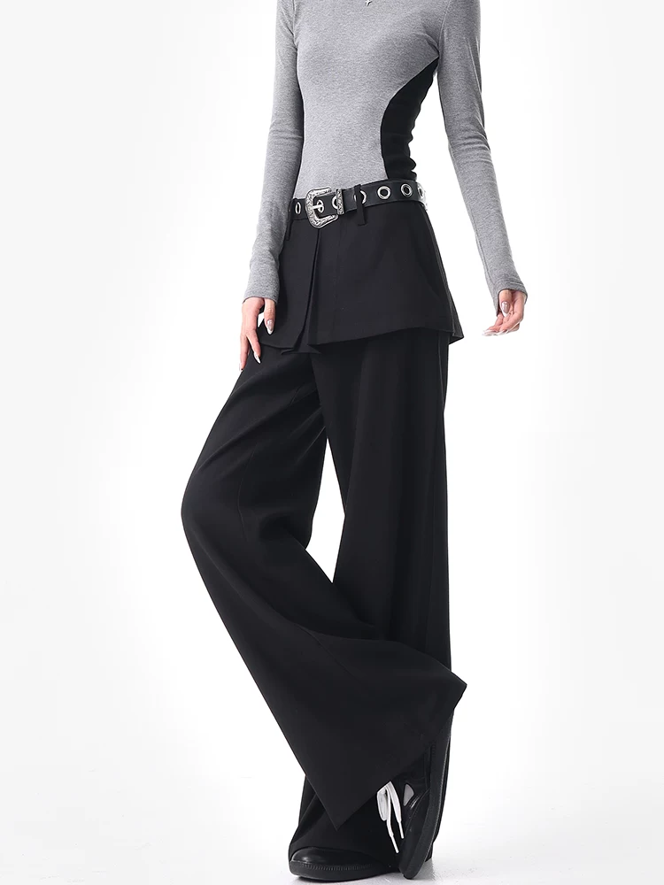 KEN STUDIO Quần dài giả hai mảnh màu đen mùa thu mới dành cho nữ, quần dáng rộng và đa năng, quần dài đến sàn