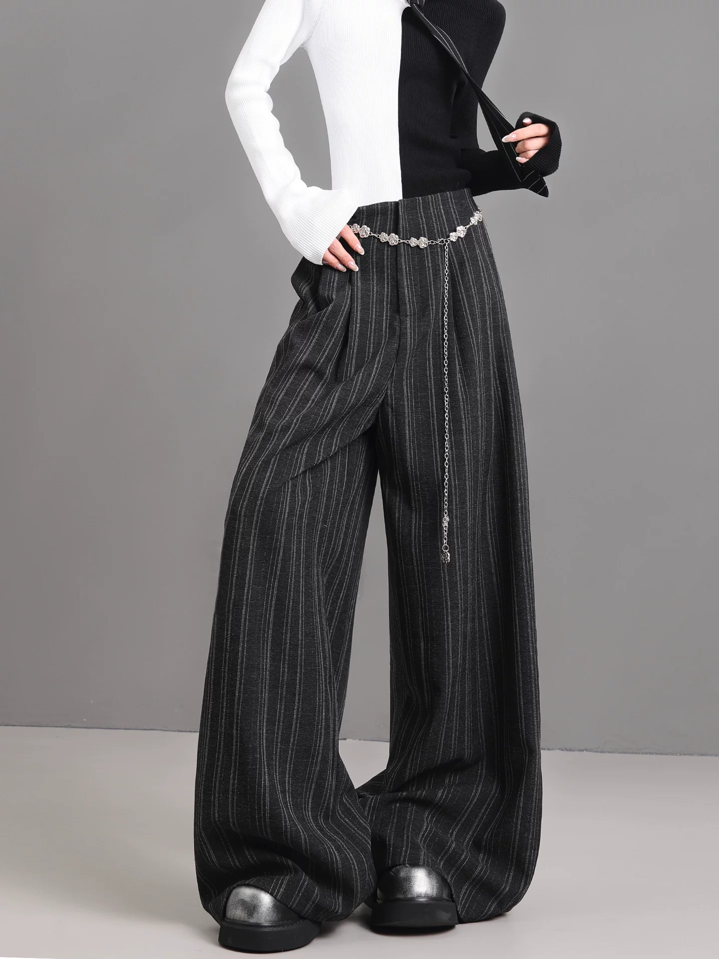 KEN STUDIO Xuân Thu Mới Quần Sọc Xám Nữ Cao Cấp Rời Drap Giảm Béo Quần Ống Rộng