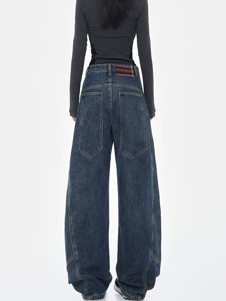 KEN STUDIO quần jean thiết kế đường phố cao cấp lót lông cừu mùa thu đông dành cho nữ, quần chuối ống rộng, quần hình liềm