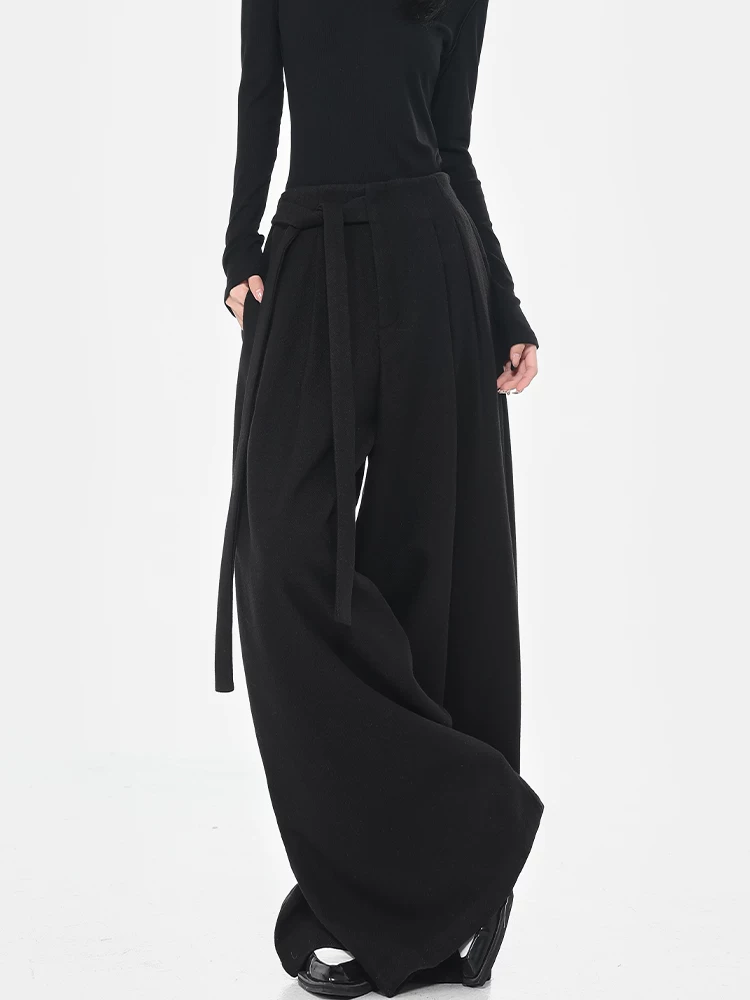 Quần tây dày màu đen thu đông của KEN STUDIO dành cho nữ, quần ống rộng thiết kế thắt lưng cao, dáng rộng, thoải mái